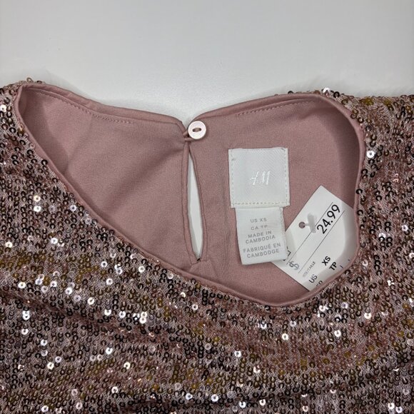 H&M Sequin Crew Neck Top Womens Size XSmall Pink Short Sleeves Cocktail Party - Picture 4 of 8